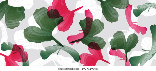 Abstract art gingko Biloba leaves background vector. Wallpaper design with watercolor art texture from palm leaves, Jungle leaves, monstera leaf, exotic botanical floral pattern. 