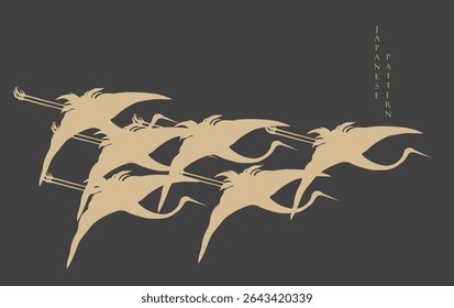 Abstract art gold crane birds or herons element vector. Hand drawn animal decorations in Japanese style.