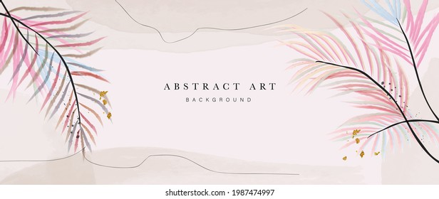 Abstract art gold tropical leaves background vector. Luxury wallpaper with watercolor, tropical leaf framed, palm leaf, flower,Vivid foliage, exotic green and gold brush glitter.