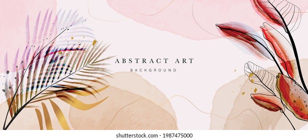 Abstract art gold tropical leaves background vector. Luxury wallpaper with watercolor, tropical leaf framed, palm leaf, flower,Vivid foliage, exotic green and gold brush glitter.