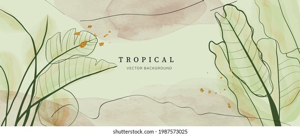 Abstract art gold tropical leaves background vector. Luxury wallpaper with watercolor, tropical leaf framed, palm leaf, flower,Vivid foliage, exotic green and gold brush glitter.