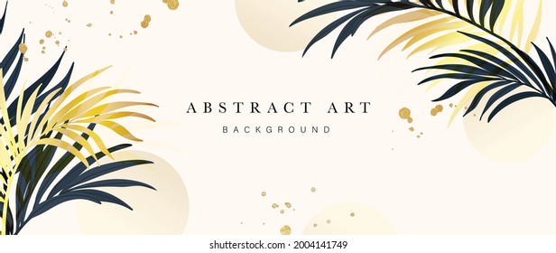 Abstract art gold tropical leaves background vector. Luxury wallpaper with watercolor, tropical leaf framed, palm leaf, flower,Vivid foliage, exotic green and gold brush glitter.