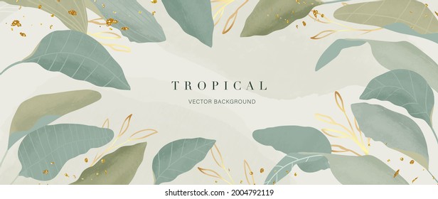 Abstract art gold tropical leaves background vector. Luxury wallpaper with watercolor, tropical leaf framed, palm leaf, flower,Vivid foliage, exotic green and gold brush glitter.