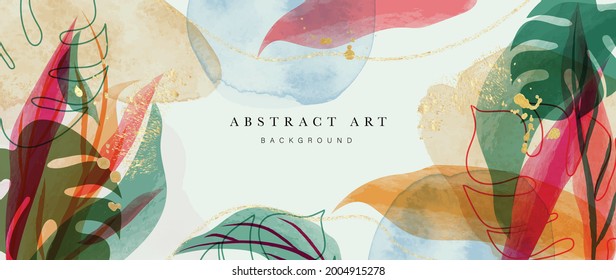 Abstract art gold tropical leaves background vector. Luxury wallpaper with watercolor, tropical leaf framed, palm leaf, flower,Vivid foliage, exotic green and gold brush glitter.
