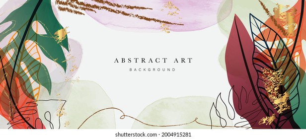 Abstract art gold tropical leaves background vector. Luxury wallpaper with watercolor, tropical leaf framed, palm leaf, flower,Vivid foliage, exotic green and gold brush glitter.
