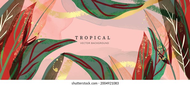 Abstract art gold tropical leaves background vector. Luxury wallpaper with watercolor, tropical leaf framed, palm leaf, flower,Vivid foliage, exotic green and gold brush glitter.