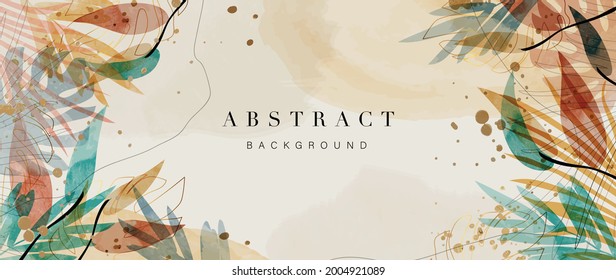 Abstract art gold tropical leaves background vector. Luxury wallpaper with watercolor, tropical leaf framed, palm leaf, flower,Vivid foliage, exotic green and gold brush glitter.