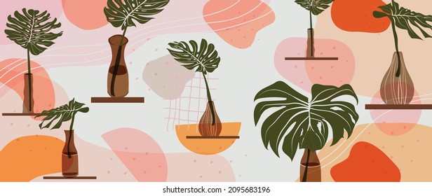 Abstract art gold tropical leaves background vector. Luxury wallpaper with watercolor, tropical leaf framed, palm leaf, flower,Vivid foliage, exotic green and gold brush glitter.