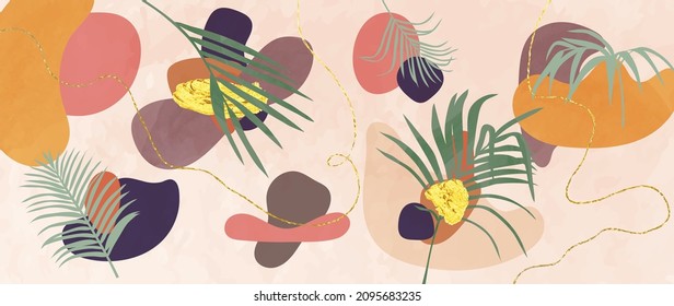 Abstract art gold tropical leaves background vector. Luxury wallpaper with watercolor, tropical leaf framed, palm leaf, flower,Vivid foliage, exotic green and gold brush glitter.
