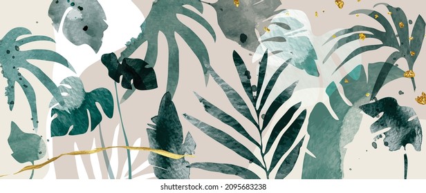 Abstract art gold tropical leaves background vector. Luxury wallpaper with watercolor, tropical leaf framed, palm leaf, flower,Vivid foliage, exotic green and gold brush glitter.