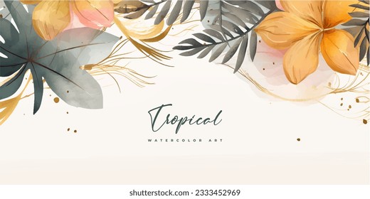 Abstract art gold tropical leaves background vector. Luxury wallpaper with watercolor, tropical leaf framed, palm leaf, flower,Vivid foliage, exotic green and gold brush glitter.