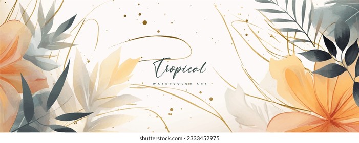 Abstract art gold tropical leaves background vector. Luxury wallpaper with watercolor, tropical leaf framed, palm leaf, flower,Vivid foliage, exotic green and gold brush glitter.