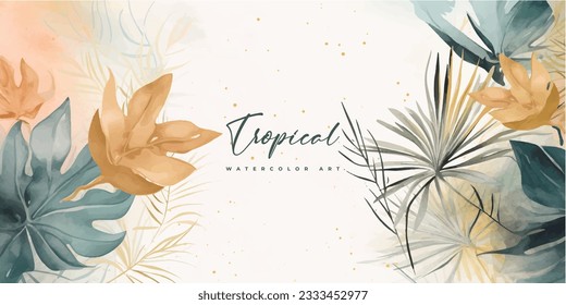 Abstract art gold tropical leaves background vector. Luxury wallpaper with watercolor, tropical leaf framed, palm leaf, flower,Vivid foliage, exotic green and gold brush glitter.