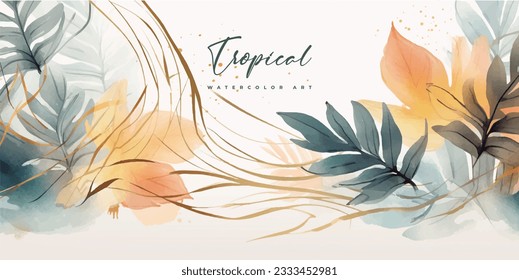 Abstract art gold tropical leaves background vector. Luxury wallpaper with watercolor, tropical leaf framed, palm leaf, flower,Vivid foliage, exotic green and gold brush glitter.