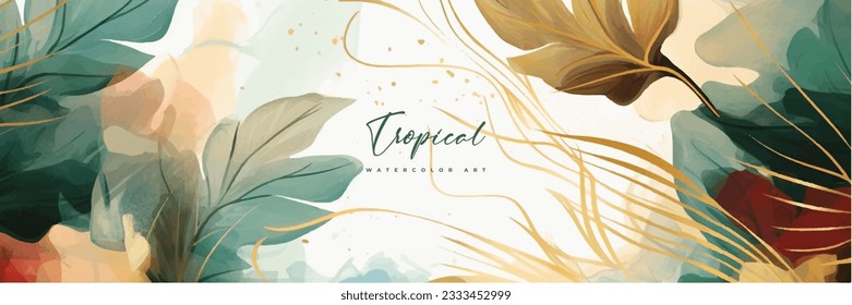 Resumen de arte oro de hojas tropicales vector de fondo. Papel de lujo con acuarela, hojas tropicales enmarcadas, hojas de palma, flor, follaje vivo, brillo exótico verde y dorado de pincel.