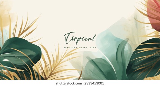 Abstract art gold tropical leaves background vector. Luxury wallpaper with watercolor, tropical leaf framed, palm leaf, flower,Vivid foliage, exotic green and gold brush glitter.