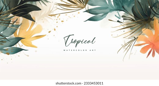 Abstract art gold tropical leaves background vector. Luxury wallpaper with watercolor, tropical leaf framed, palm leaf, flower,Vivid foliage, exotic green and gold brush glitter.