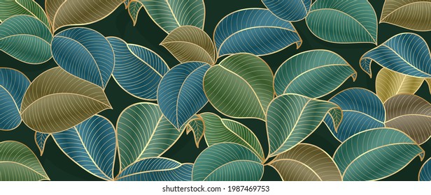 Abstract art Golden leaves background vector. Wallpaper design with line art texture from monstera leaves, Jungle leaves, exotic botanical floral pattern. Design for prints, banner, wall art.