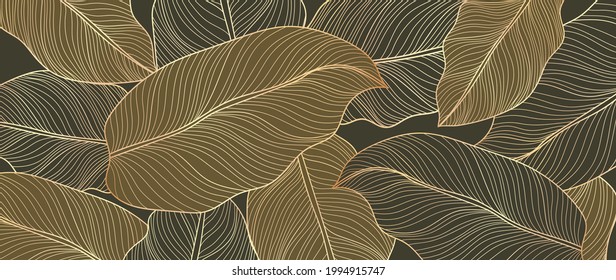 Arte abstracto Vector de fondo de hojas doradas. Diseño de fondo de escritorio con textura de línea de arte de hojas de monstera, hojas de jungla, patrón floral botánico exótico. Diseño para impresiones, banner, arte en la pared.