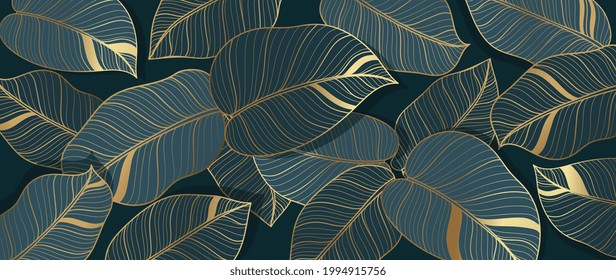 Abstract art Golden leaves background vector. Wallpaper design with line art texture from monstera leaves, Jungle leaves, exotic botanical floral pattern. Design for prints, banner, wall art.