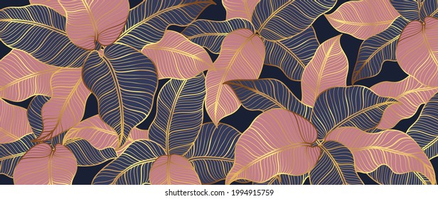 Abstract art Golden leaves background vector. Wallpaper design with line art texture from monstera leaves, Jungle leaves, exotic botanical floral pattern. Design for prints, banner, wall art.