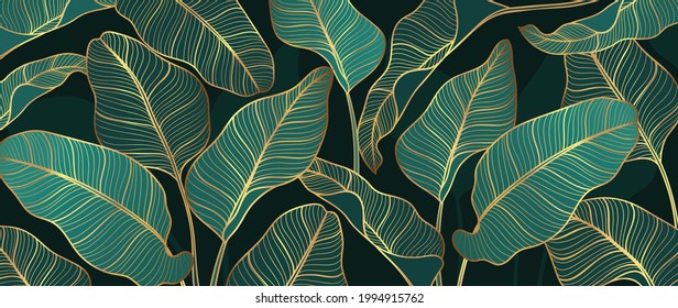 Abstract Art Golden Leaves Background Vector. Wallpaper Design With Line Art Texture From Monstera Leaves, Jungle Leaves, Exotic Botanical Floral Pattern. Design For Prints, Banner, Wall Art.