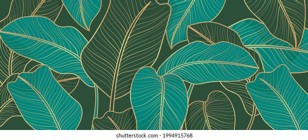 Abstract art Golden leaves background vector. Wallpaper design with line art texture from monstera leaves, Jungle leaves, exotic botanical floral pattern. Design for prints, banner, wall art.