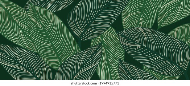 Abstract art Golden leaves background vector. Wallpaper design with line art texture from monstera leaves, Jungle leaves, exotic botanical floral pattern. Design for prints, banner, wall art.