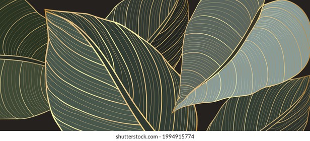 Abstract art Golden leaves background vector. Wallpaper design with line art texture from monstera leaves, Jungle leaves, exotic botanical floral pattern. Design for prints, banner, wall art.