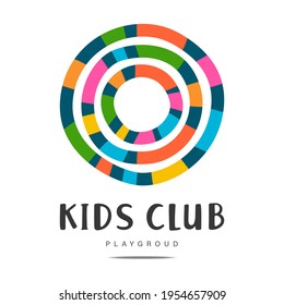 Abstract art graphic logo kids club playground colorful circle hoop with bright lines in ring white background.Design template kids zone icon,children store,toys shop,play room sign,childhood symbol