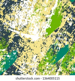 Abstract art green color vector seamless pattern. Textured background with streaks, strokes, splashes and spots. Template for textile, wallpaper, cover, web, card, carton, banner.
