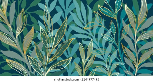 Resumen de colores verdes del arte de la línea tropical deja el vector de fondo. Diseño de papel tapiz con formas de hojas y garabatos de hoja lineal. patrón floral botánico vintage