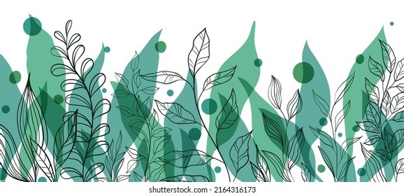 Abstract art green colors tropical line art leaves background vector. Wallpaper design with leaves shapes and scribble doodle linear leaf. vintage botanical floral pattern