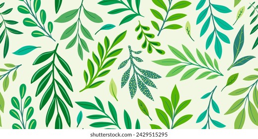 Abstract art green colors tropical line art leaves background vector. Seamless pattern. Wallpaper design with leaves shapes and scribble doodle linear leaf. vintage botanical floral pattern.