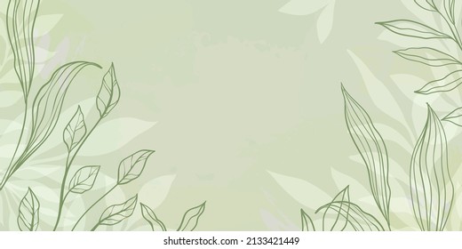 Abstract art green leaves background. hand draw outline green and white outline leaves and brush strokes. Vector background for wall decoration, banner, postcard, poster or brochure