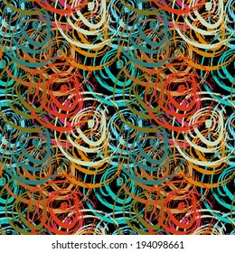 Abstract art grunge seamless pattern. Geometric distressed background. Rainbow color. Paint stains. Spray. Stripes. Circles shapes. Graffiti. Watercolor - vector