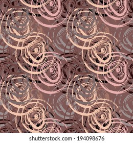 Abstract art grunge seamless pattern. Geometric distressed background. Chocolate color. Paint stains. Spray. Stripes. Circles shapes. Graffiti. Watercolor - vector