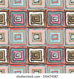 Abstract art grunge seamless pattern. Ethnic distressed geometric background. Folk rainbow ornament. Tribal art. Square shape, stripes. Graffiti. Endless texture - vector 