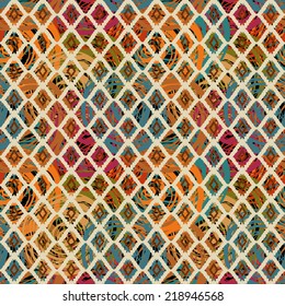 Abstract art grunge seamless pattern. Geometric background. Swirling print distressed background texture. Circles, stripes. Paint stains. Watercolor 