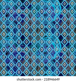 Abstract art grunge seamless pattern. Geometric background. Swirling print distressed background texture. Circles, stripes. Paint stains. Watercolor 