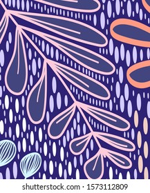 Abstract art header background with bright lines of circles and leaves. Silhouettes of plants. Graphic design. Hand drawn texture. Perfect for website, card, poster, cover, invitation, brochure. 