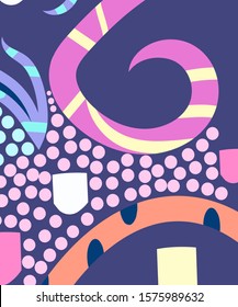 Abstract art header background with bright lines of circles and leaves. Silhouettes of plants. Graphic design. Hand drawn texture. Perfect for website, card, poster, cover, invitation, brochure. 