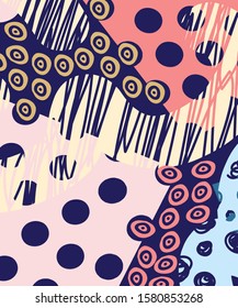 Abstract art header background with bright lines of circles and leaves. Silhouettes of plants. Graphic design. Hand drawn texture. Perfect for website, card, poster, cover, invitation, brochure.