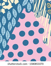 Abstract art header background with bright lines of circles and leaves. Silhouettes of plants. Graphic design. Hand drawn texture. Perfect for website, card, poster, cover, invitation, brochure.