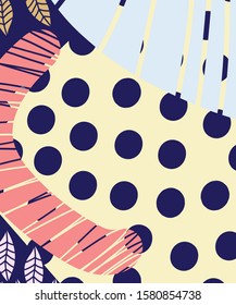 Abstract art header background with bright lines of circles and leaves. Silhouettes of plants. Graphic design. Hand drawn texture. Perfect for website, card, poster, cover, invitation, brochure.