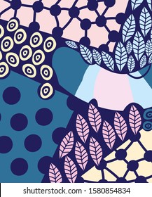 Abstract art header background with bright lines of circles and leaves. Silhouettes of plants. Graphic design. Hand drawn texture. Perfect for website, card, poster, cover, invitation, brochure.