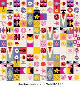 abstract art hearts flowers retro pattern