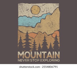 Abstract art.  Hill trekking. Mountain adventure vintage print design for t shirt. Wild lake vector artwork design. Explore more. Colorado national park artwork.