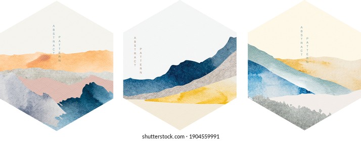 Abstract Art Icon With Geometric Pattern Vector. Mountain Landscape Background With Watercolor Texture Background. Natural Template With Japanese Wave Elements.