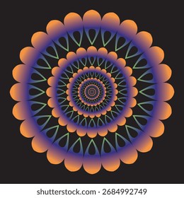 Icono de arte Abstractas redondo patrón de mandala multicolor y fondo negro.